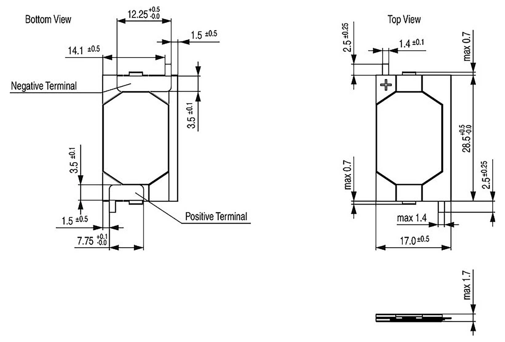 Technisches Diagramm einer zylindrischen Batterie zeigt Abmessungen: Unteransicht hat negative Anschluss; Oberansicht hat positive Anschluss. Messwerte in Millimetern.