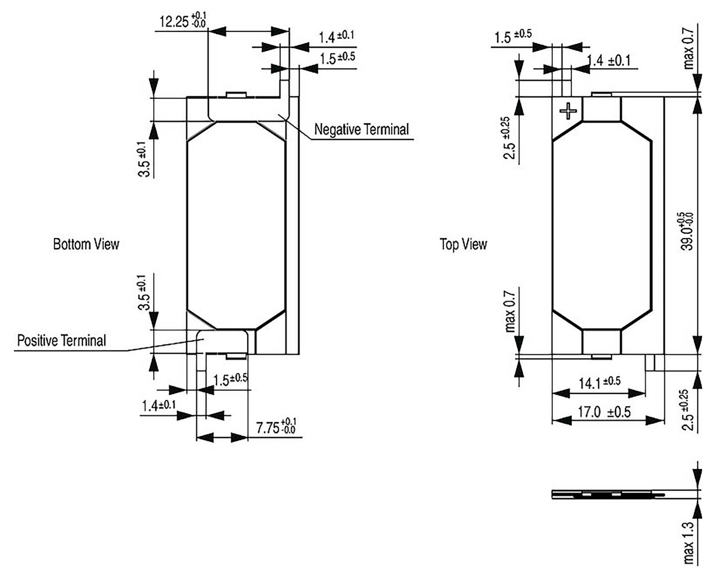 Technische Zeichnung einer zylindrischen Batterie. Umfasst Draufsichten und Bodenansichten mit Abmessungen für Anschlüsse und Höhe. Abmessungen in Millimetern.