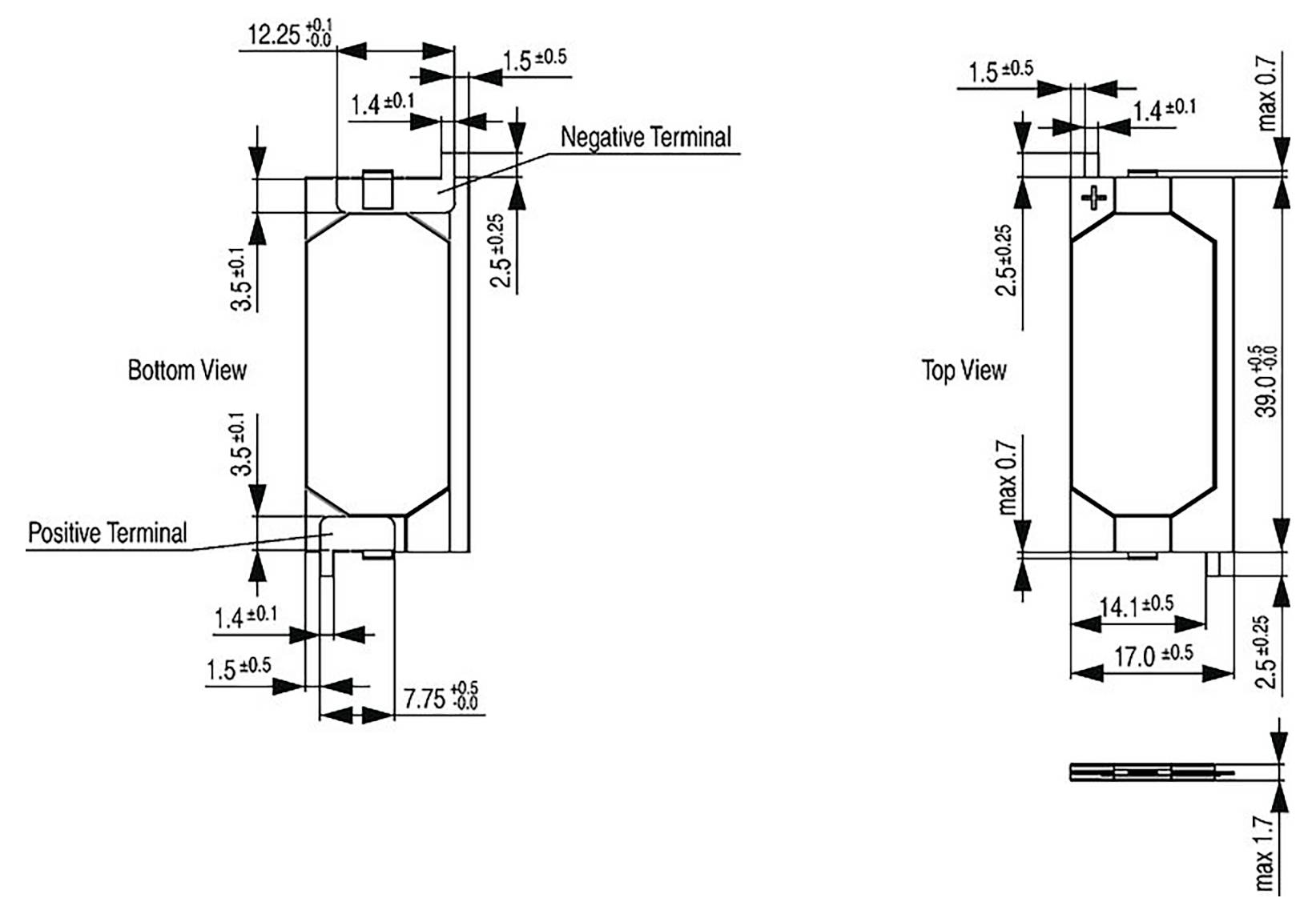 Technisches Diagramm einer Batteriezelle. Draufsicht und Unteransicht zeigen Abmessungen und Anschlüsse. Positive Klemme mit '+' gekennzeichnet.