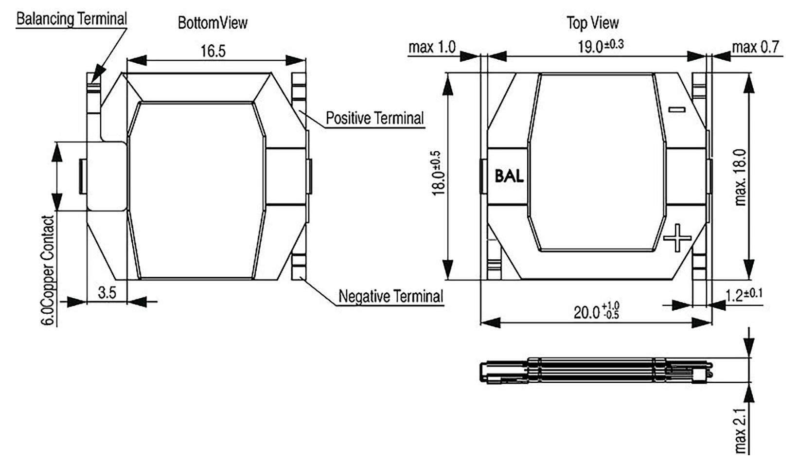 Technisches Diagramm einer rechteckigen Batterie, das Drauf- und Untersicht mit Abmessungen, positive und negative Anschlüsse sowie einen Ausgleichsanschluss zeigt.
