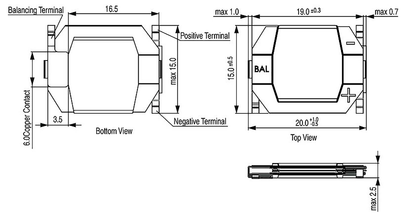 Technisches Schaltbild einer Batterie mit Abmessungen: Draufsicht (20,0±3, 19,0±3), Unteransicht (16,5, 15,0), Seitenansicht (max 2,5).