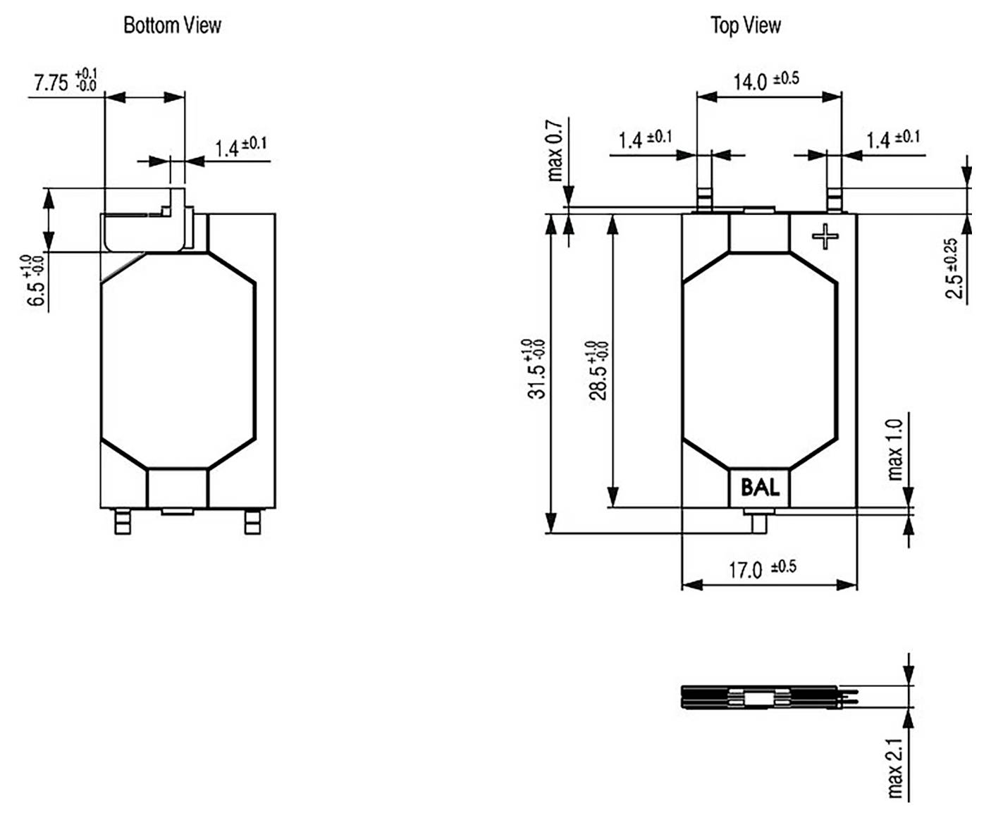 Technisches Diagramm einer Komponente mit Unter-, Ober- und Seitenansichten. Zeigt Abmessungen für Breite, Höhe und Tiefe in Millimetern.