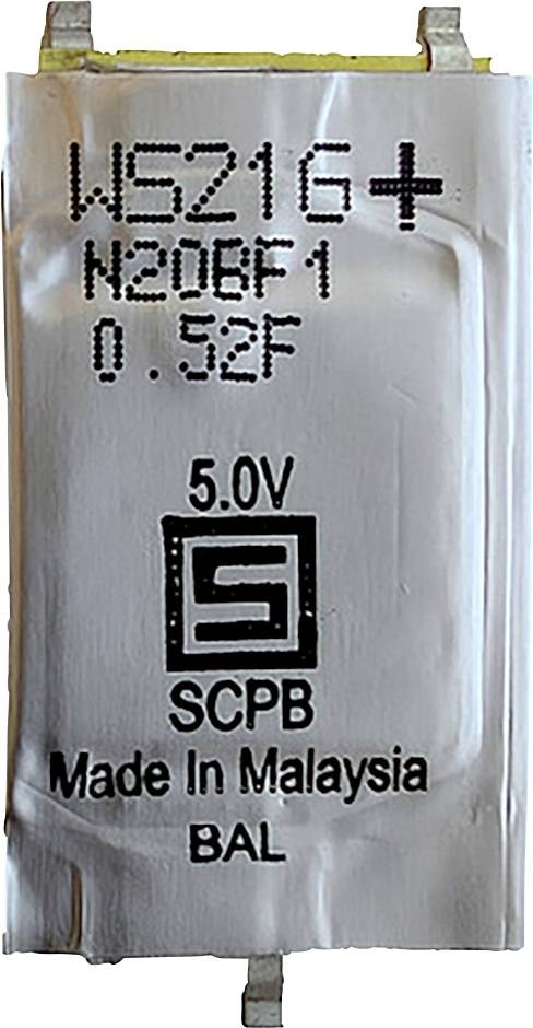 Ein kleiner Silber-Kondensator mit der Aufschrift „WS216+ N20BF1 0.92F 5.0V SCPB Made In Malaysia BAL