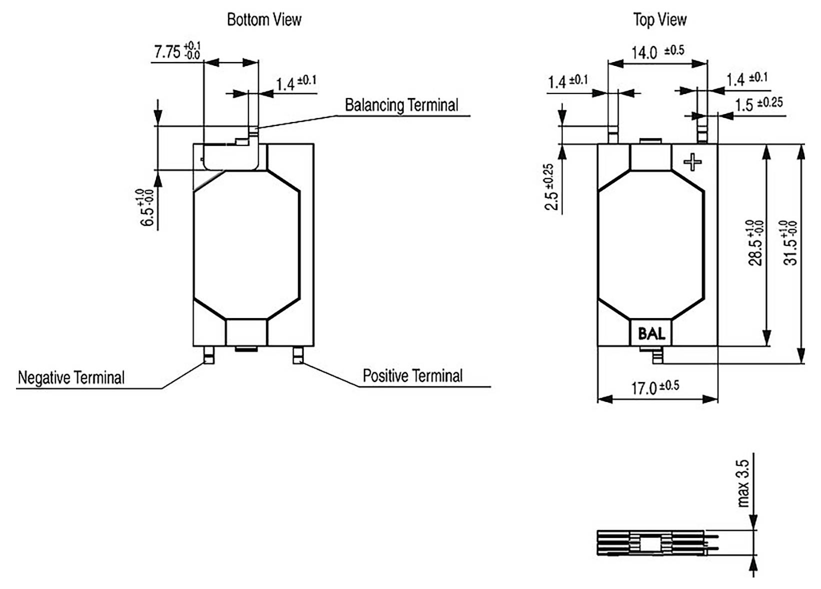 Technische Zeichnung einer Batterie mit Draufsicht und Untersicht. Zeigt Abmessungen, Ausgleichsterminal mit der Bezeichnung 'BAL', negative und positive Anschlüsse gekennzeichnet und Gesamtabmessungsdetails.