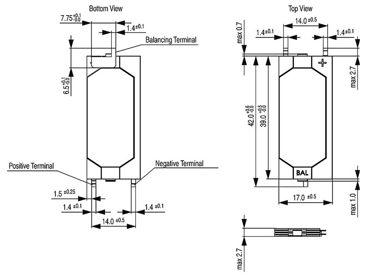 Technische Zeichnungen einer Batterie zeigen Abmessungen, Anschlüsse mit den Bezeichnungen Positiv, Negativ und Ausgleich, mit Draufsicht und Seitenansicht.