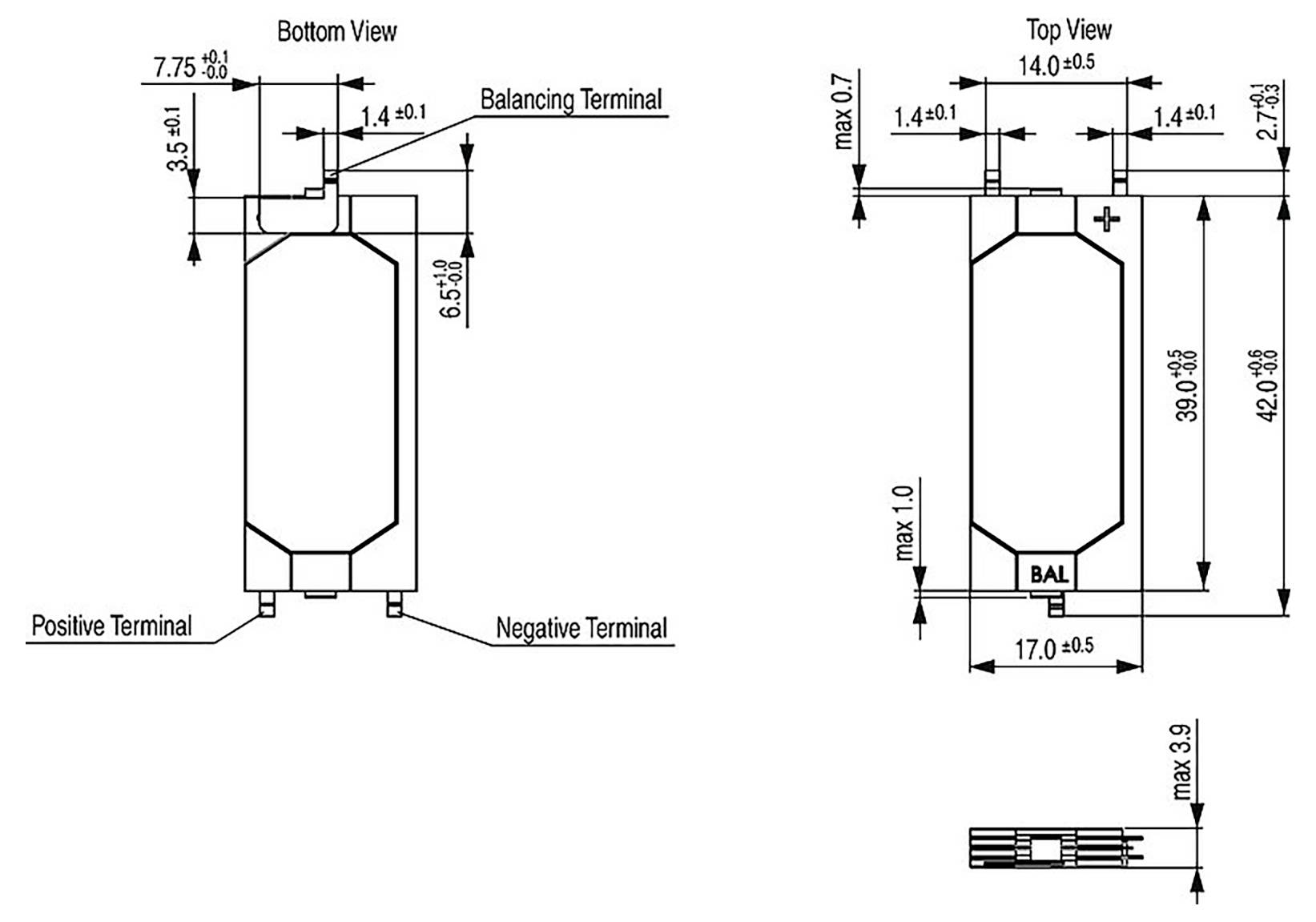 Technische Zeichnung mit Abmessungen und Layout einer Batteriezelle, einschließlich Anschlussplatzierungen, Ausgleichsanschluss und Maßangaben in mm.