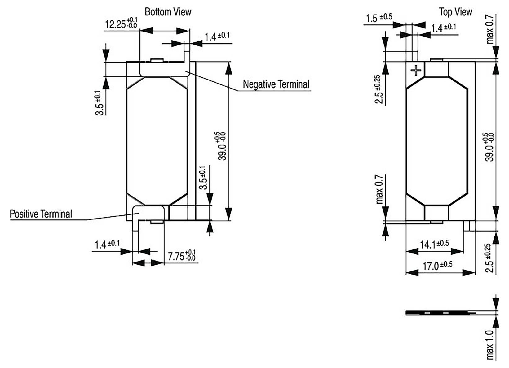 Technisches Diagramm, das die Abmessungen und das Layout einer zylindrischen Komponente mit positiven und negativen Anschlüssen in beiden Draufsichten (oben und unten) zeigt.