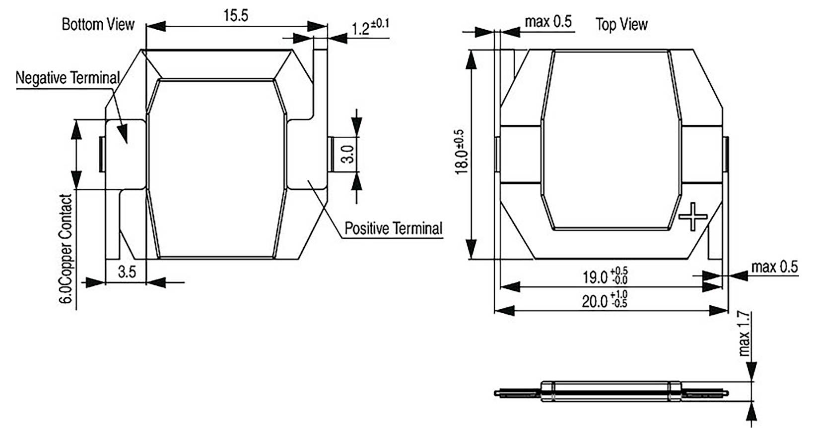 Diodenabmessungen: Die Draufsicht zeigt eine Breite von 19,0–20,0 mm, maximale Höhe 0,5 mm. Die Unteransicht zeigt eine Kontaktbreite von 15,5 mm, Höhe 3,0 mm.