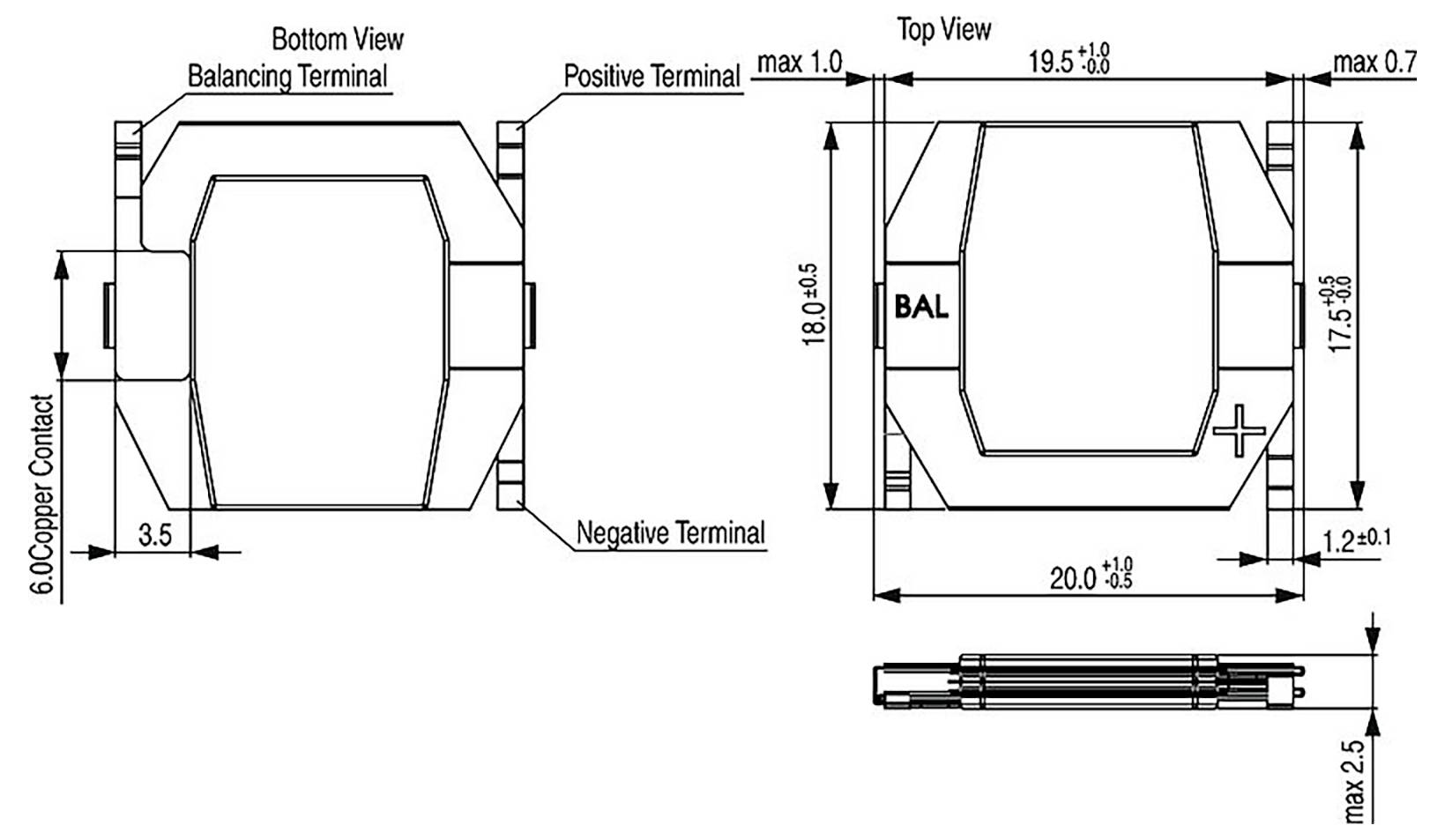 LC4960B Rena Komponentendiagramm mit Bottom-, Top- und Seitenansichten. Zeigt Abmessungen: 20,0 x 18,0 x 6,0 mm. Anschlussstellen markiert.