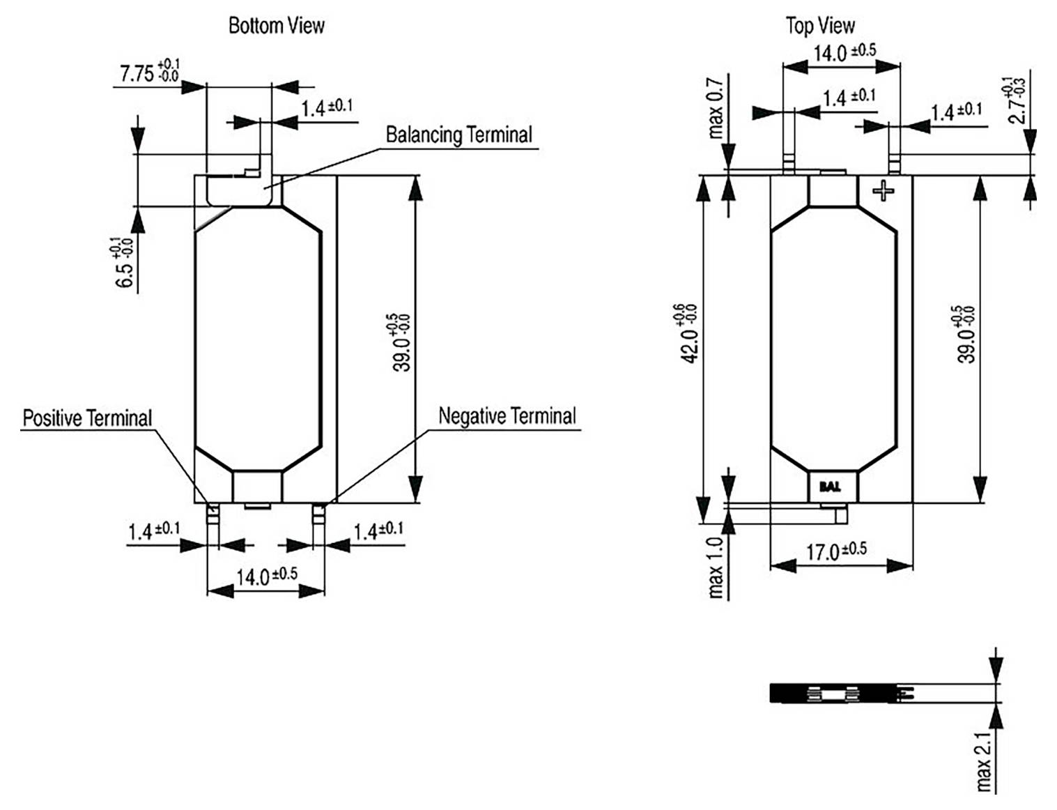 Batterielayout mit Abmessungen in Millimetern. Links: Bodenansicht zeigt positive und negative Anschlüsse. Rechts: Draufsicht mit Ausgleichsanschluss.