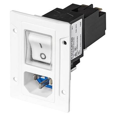 Ein weißer rechteckiger elektrischer Wippschalter mit der Beschriftung „I