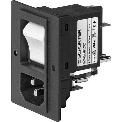 Schurter-Stromeingangsbuchse mit integrierter Sicherung und Schalter, zeigt elektrische Spezifikationen auf der Seite.
