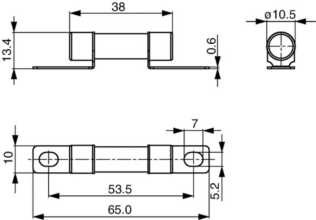 Technische Zeichnung einer Metallhalterung mit Abmessungen: Länge 65 mm, Breite 10 mm, Höhe 13,4 mm, Lochdurchmesser 10,5 mm.