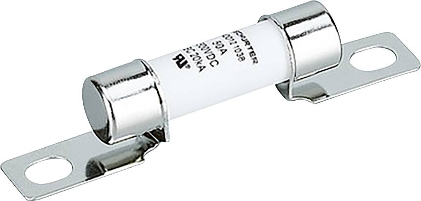 Eine zylindrische elektrische Sicherung mit Metallendkappen und Befestigungskonsolen, gekennzeichnet mit Spezifikationen, verwendet für den Stromkreisschutz.