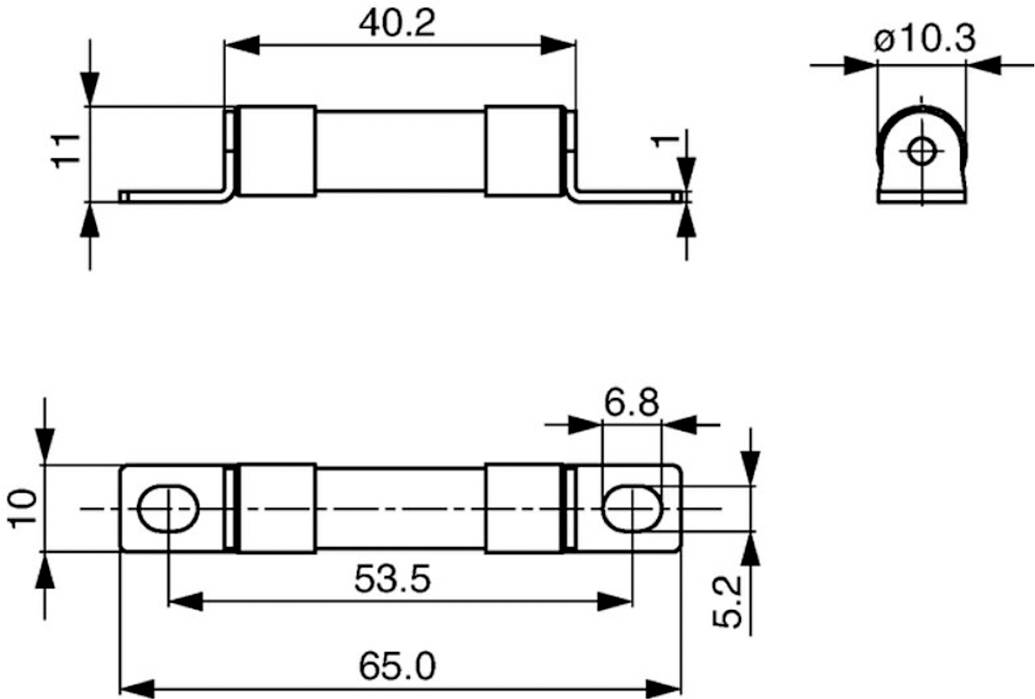 Technisches Schaubild einer zylindrischen Komponente mit Abmessungen: 65,0 mm Länge, 10,3 mm Durchmesser und verschiedene detaillierte Messungen.
