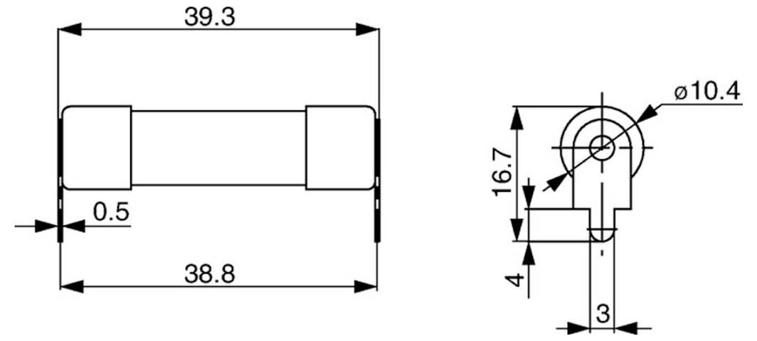 Technisches Diagramm einer Sicherung mit Abmessungen: Gesamtlänge 39,3 mm, Gehäuselänge 38,8 mm, Kappe Durchmesser 10,4 mm, Seitenansicht Höhe 16,7 mm.