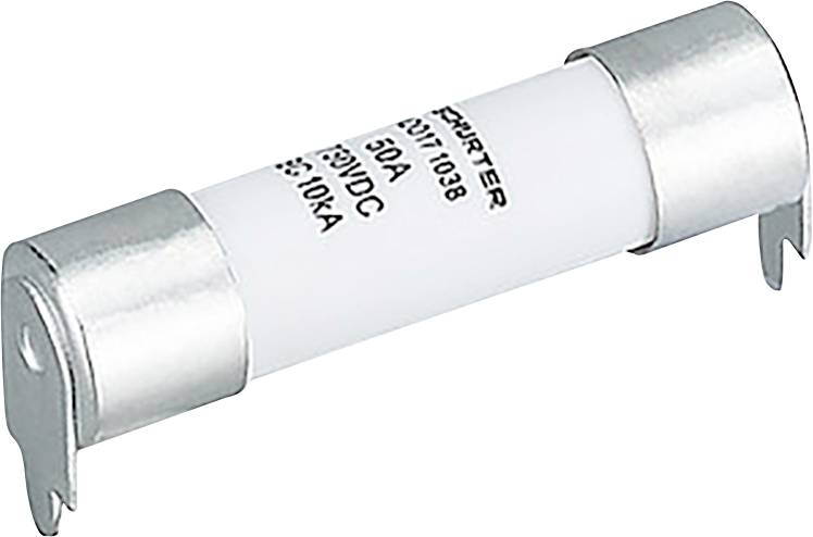 Eine zylindrische Sicherung mit Metallkappen an beiden Enden ist mit „30A 500VDC