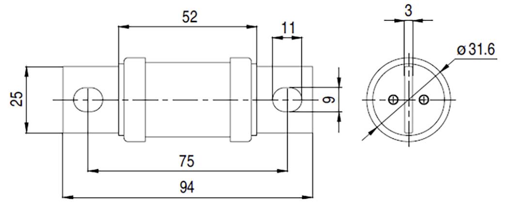Technische Zeichnung eines zylindrischen Bauteils mit Abmessungen: Länge 94, Durchmesser 25, Merkmale beinhalten zwei Bohrungen und mehrere Durchmessermaße.