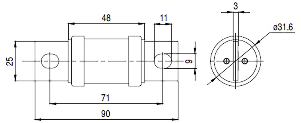 „Zweitafel-Technische Zeichnung einer zylindrischen mechanischen Komponente mit Abmessungen: 90mm Länge, 25mm Höhe, mit zwei axial ausgerichteten Bohrungen.