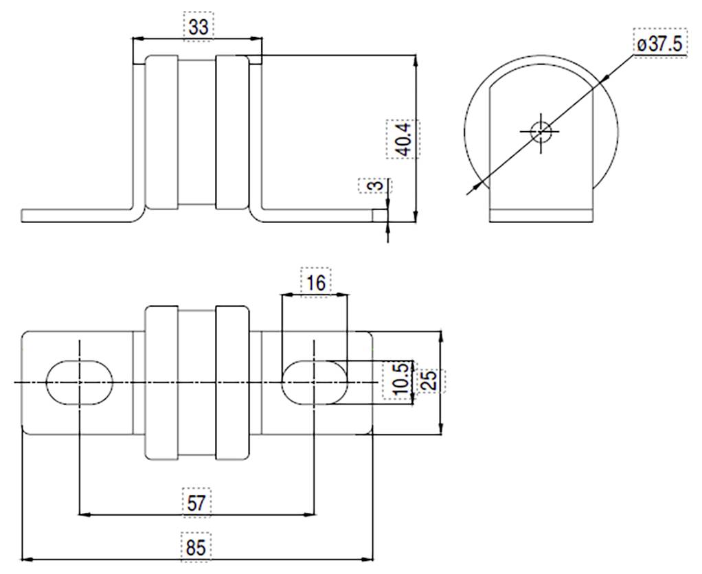 Technische Zeichnung einer Halterung mit Vorder-, Seiten- und Draufsicht mit Abmessungen in Millimetern: 85x33x40,4.