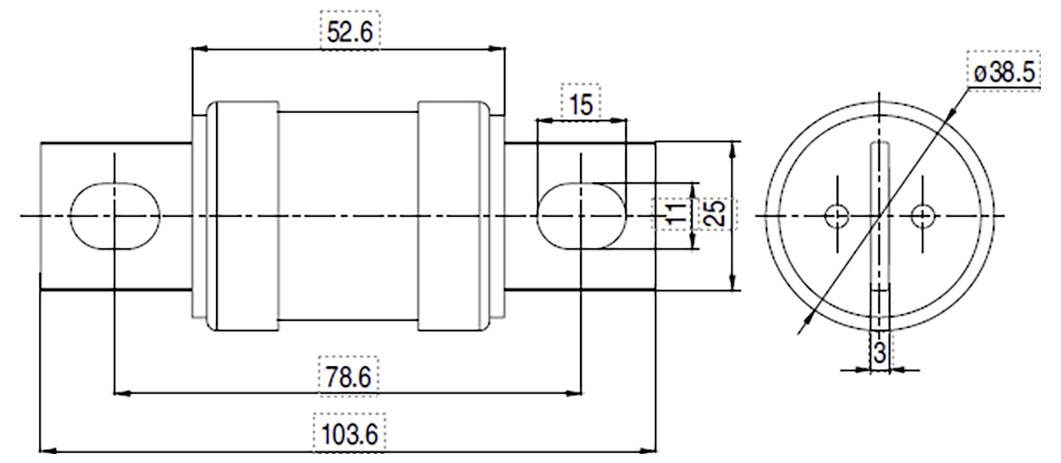 Konstruktionszeichnung mit zwei Ansichten eines zylindrischen Bauteils mit den Abmessungen: Höhe 52,6 mm, Breite 78,6 mm, Durchmesser 38,5 mm.