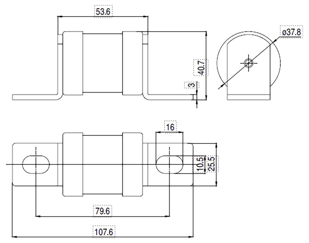 Technische Zeichnung einer zylindrischen Scharnierhalterung mit Abmessungen: Länge 107,6 mm, Höhe 40,7 mm, Durchmesser 37,8 mm, Teile gekennzeichnet.