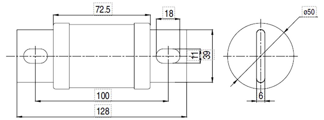 Technische Zeichnung eines zylindrischen Objekts mit Abmessungen: Länge 128 mm, Durchmesser 18 mm, Lochdurchmesser 6 mm und Abstände Details.