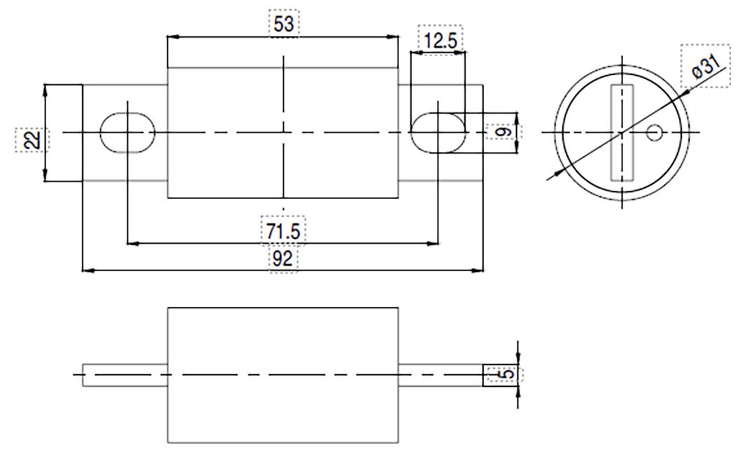Technische Zeichnung einer mechanischen Komponente mit Abmessungen. Die Hauptansicht zeigt ein rechteckiges Teil: 92 mm breit, 22 mm hoch, mit einer Innenbreite von 71,5 mm.