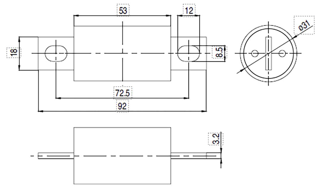 Technische Zeichnung eines mechanischen Teils mit Abmessungen: Breite 92, Höhe 22, Tiefe 12,5, Durchmesser des Kreisquerschnitts 31, weitere Schlüssellängen.