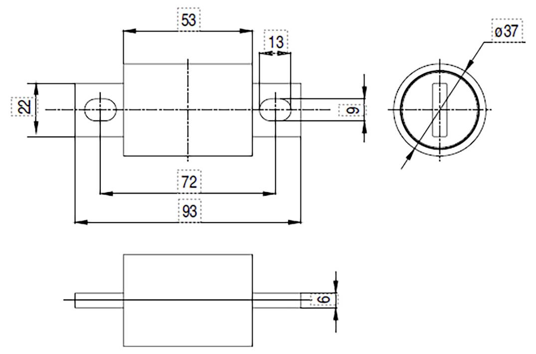 Technische Zeichnung einer zylindrischen Komponente mit Abmessungen: 72x53mm Körper, 37mm Durchmesser Kreis und 22mm Verlängerung zur Ausrichtung.