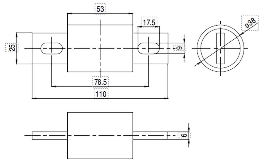 Eine technische Zeichnung eines mechanischen Teils mit Abmessungen. Front- und Seitenansicht zeigen einen zentralen rechteckigen Block und eine kreisförmige Endwelle.