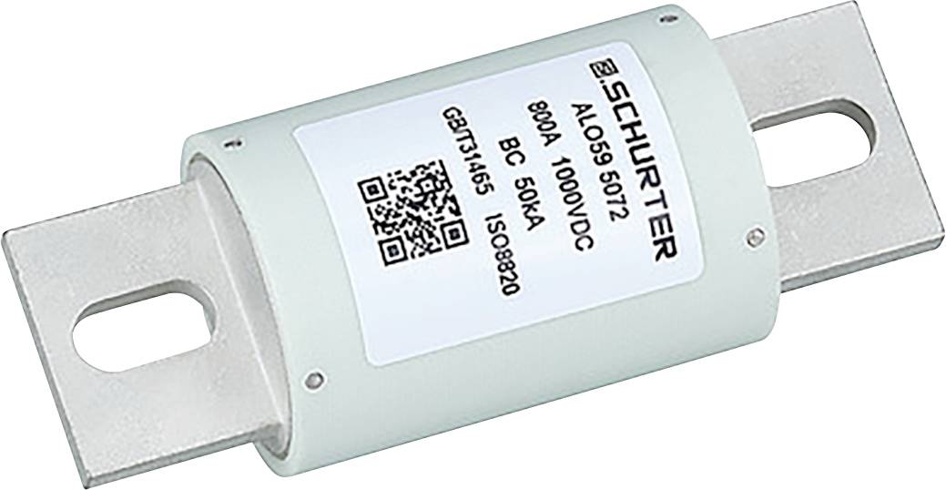 Ein zylindrischer Hochspannungssicherung mit der Aufschrift „Schurter, 80A, 1000VDC