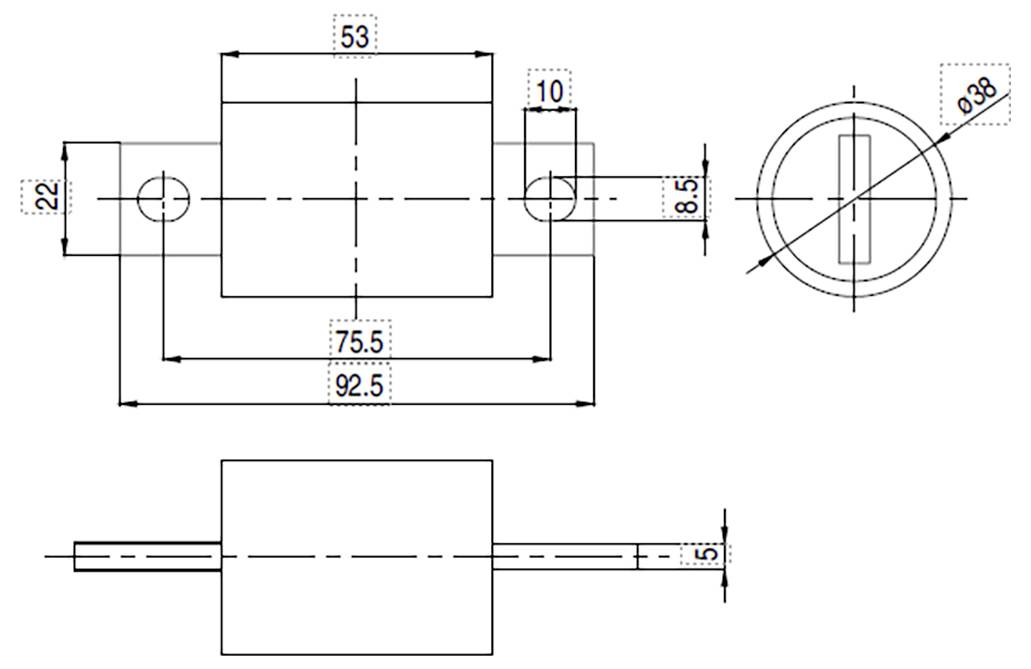 Technische Zeichnung eines mechanischen Bauteils mit Abmessungen: 53, 75,5, 92,5, 10, 22, 8,5 und Durchmesser 38. Seiten- und Draufsicht dargestellt.