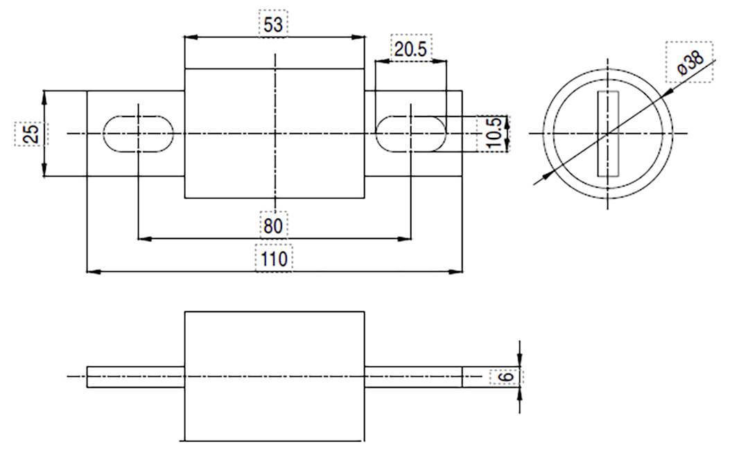 Technische Zeichnung einer mechanischen Komponente mit Abmessungen: Länge 110mm, Breite 53mm, Höhe 25mm, Mitteldurchmesser 20,5mm.