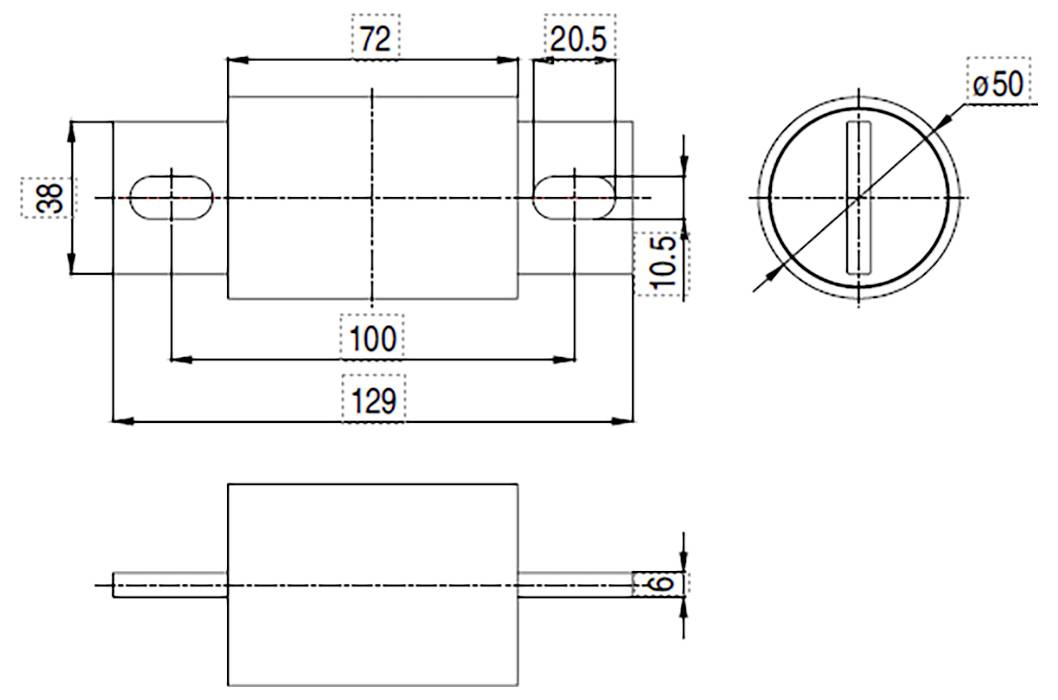 Technische Zeichnung einer zylindrischen Komponente mit Abmessungen: 100mm Länge, 50mm Durchmesser und seitliche Aussparungen von 10,5mm und 20,5mm.
