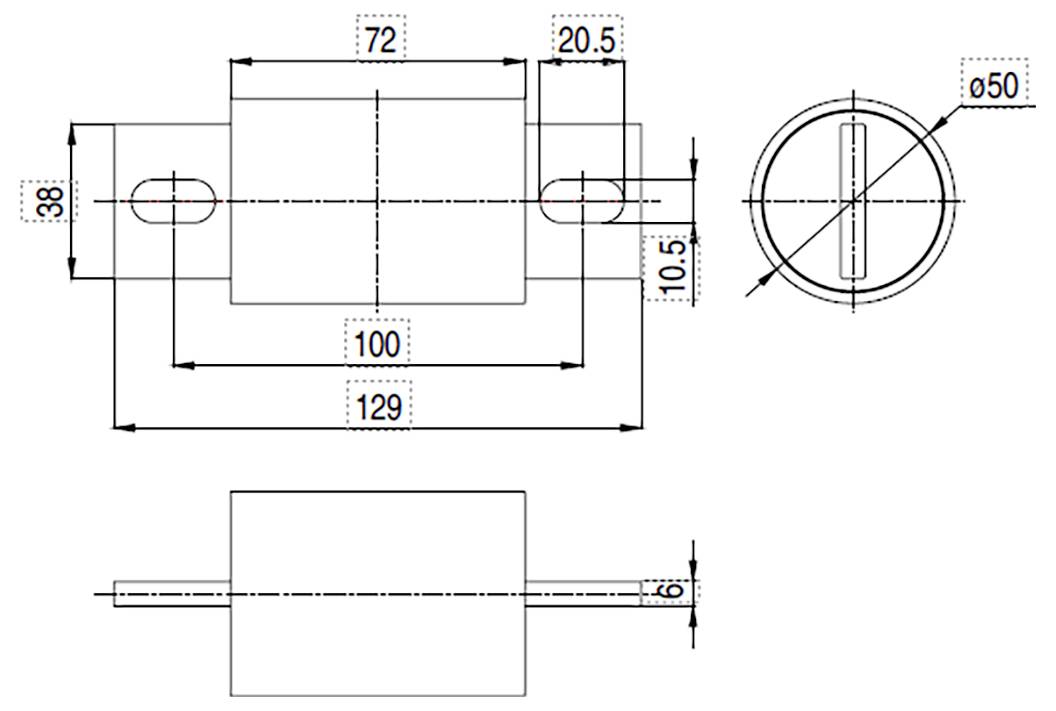 Technische Zeichnung eines mechanischen Teils mit Abmessungen: Hauptkörper 100 mm x 38 mm, Gesamtlänge 129 mm und Durchmesser des kreisförmigen Endes 50 mm.