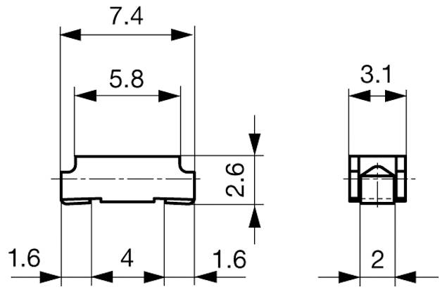 Technische Zeichnung mit Abmessungen eines Bauteils. Vorderansicht: Breite 7,4, Höhe 2,6, Nutbreite 5,8. Seitenansicht: Tiefe 3,1, Höhe 2.