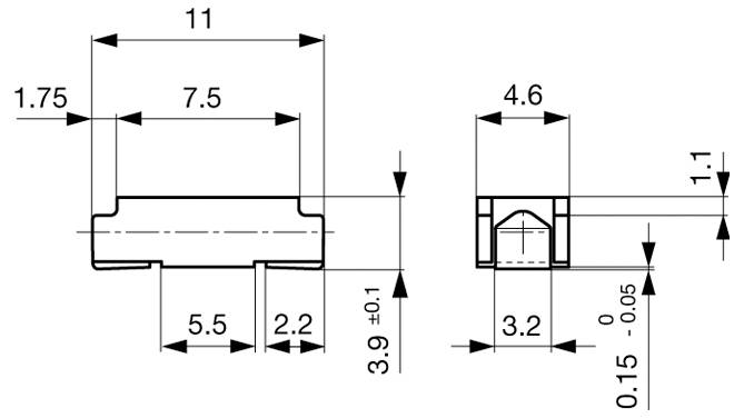 Technisches Diagramm mit den Abmessungen einer elektronischen Komponente. Messungen: 11x5,5 mm, 1,75 mm Höhe, zusätzliche Ansichten vorhanden.