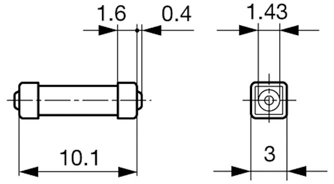 Technische Zeichnung einer zylindrischen Komponente mit Abmessungen: Länge 10,1, Durchmesser 1,6, kleinerer Durchmesser 0,4 und Seitenansicht Breite 1,43 und 3.