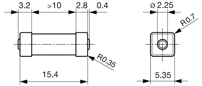 Technische Zeichnung eines zylindrischen Bauteils mit Abmessungen: Länge 15,4 mm, Durchmesser 2,25 mm. Endradius 0,7 mm, Versatz 0,35 mm.