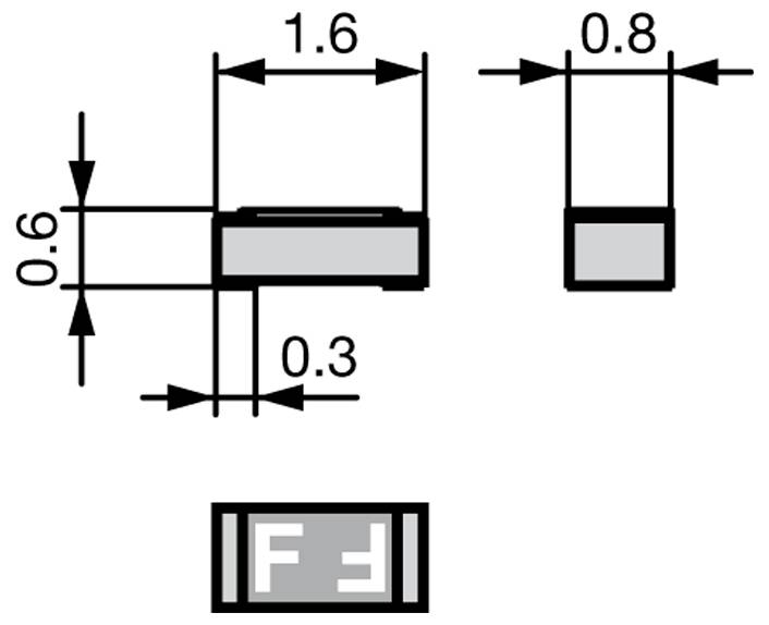 Technische Zeichnung einer rechteckigen elektronischen Komponente mit Abmessungen: 0,6 x 1,6 mm Breite und Länge sowie 0,8 mm Höhe.