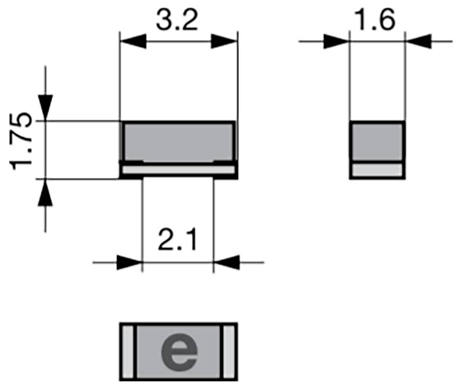 Ein Diagramm einer rechteckigen elektronischen Komponente mit den Abmessungen: Länge 3,2 mm, Breite 1,6 mm, Höhe 1,75 mm, Seitenbreite 2,1 mm.