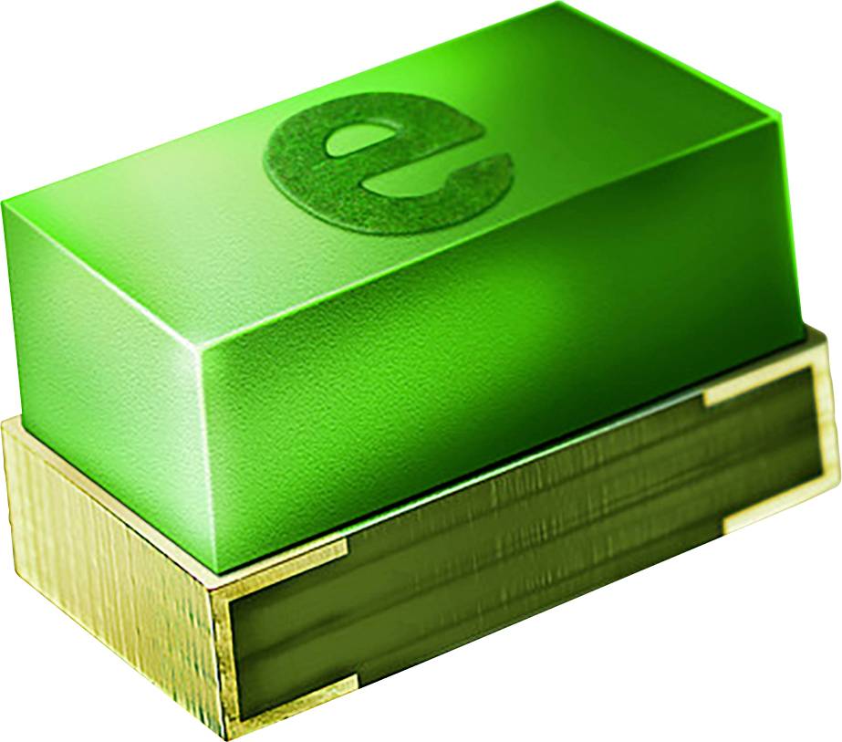 Eine rechteckige grüne Schachtel mit dem eingeprägten Buchstaben „e