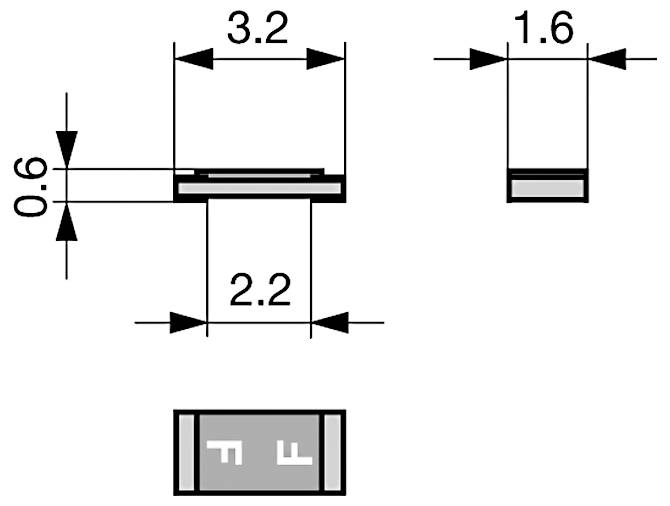Diagramm einer rechteckigen Komponente mit 3,2 mm Länge, 1,6 mm Breite, 0,6 mm Höhe und 2,2 mm Abstand zwischen Anschllusskanten, dargestellt von oben, von der Seite und von unten.