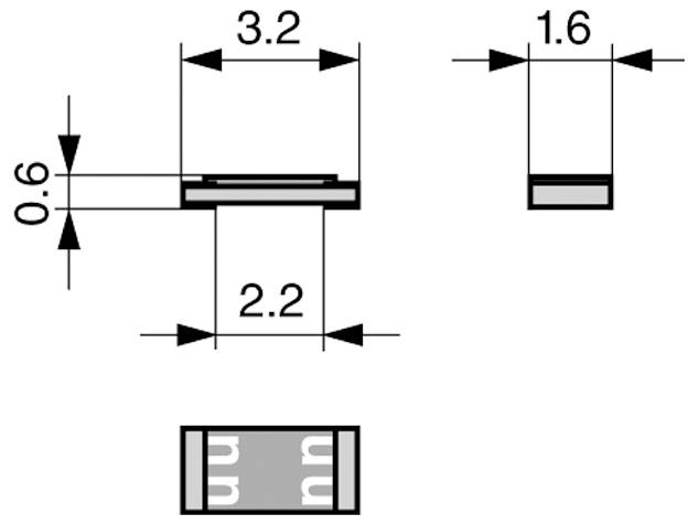 Technische Zeichnung einer kleinen elektronischen Komponente mit Abmessungen: 3,2 mal 2,2 mal 0,6 Millimeter, Seitenansicht 1,6 Millimeter.