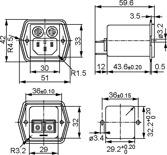 Technische Zeichnung einer elektrischen Steckdose mit Abmessungen. Vorder-, Seiten- und Draufsicht sind dargestellt. Messungen zeigen die Spezifikationen der Steckdose.