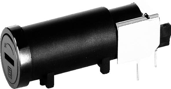 Eine zylindrische schwarze Komponente mit Metallstiften und einer rechteckigen Befestigung, die in der Elektronik verwendet wird, möglicherweise eine Buchse oder ein Stecker.