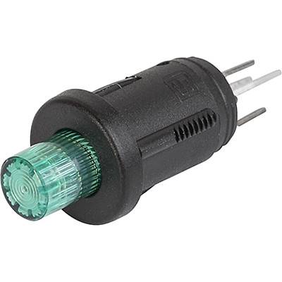 Eine schwarze zylindrische elektrische Komponente mit drei Metallstiften, die auf der Seite eine strukturierte grüne Kappe aufweist.