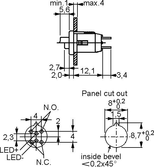 Diagramm einer elektronischen Komponente mit detaillierten Maßen: Länge, Breite, Durchmesser und Abstände. Wichtigste Abmessungen umfassen 54,8, 30,48, 15,24.