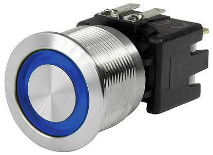 Ein runder Metalldruckschalter mit blauem LED-Ring und Gewinde-Gehäuse für die Paneelmontage.